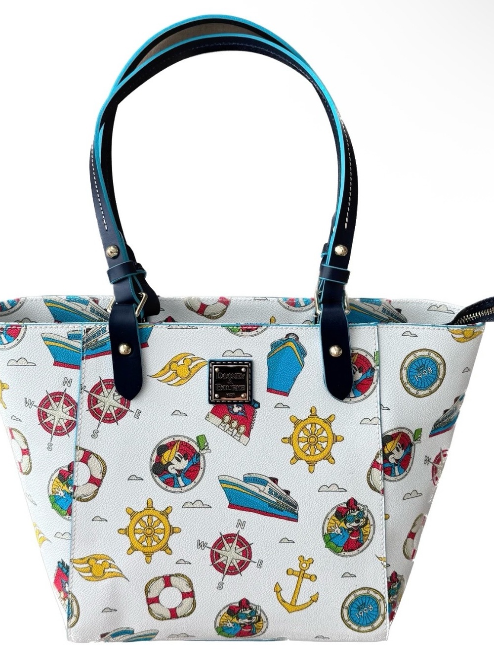NWT Dooney & Bourke Disney Cruise White Nautical Print Tote with Navy Handles